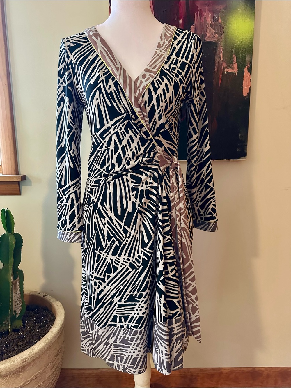 BCBGMaxAzria Black and Cream Long Sleeve Wrap Dress